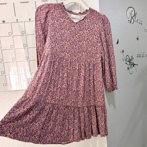 Zara Girls Mauve Floral Tiered Dress Size 13-14 Purple Long Sleeve Relaxed